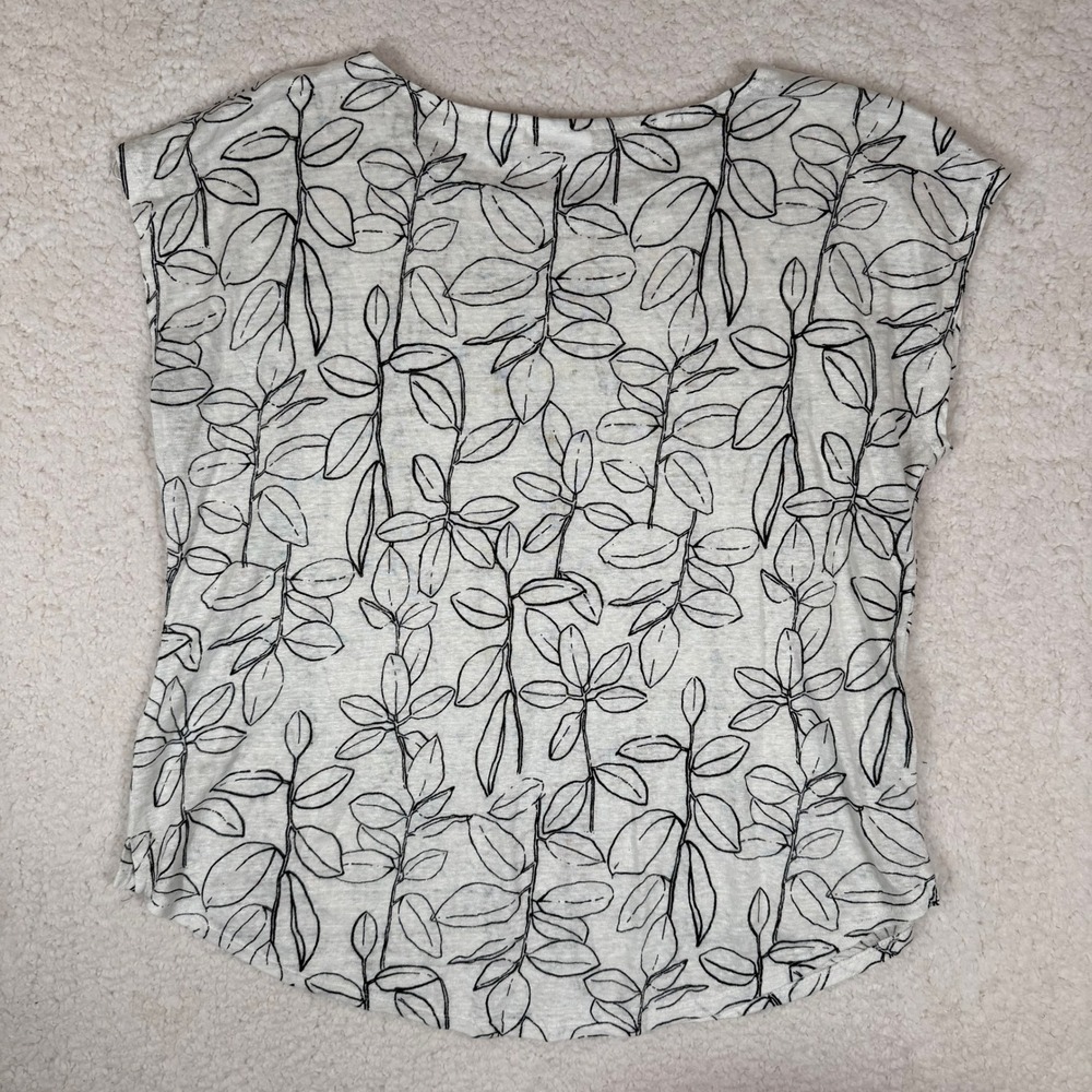 Cynthia Rowley Womens XL Linen White Black Botanical Leaf Print Cap Sleeve Top - Picture 3 of 7